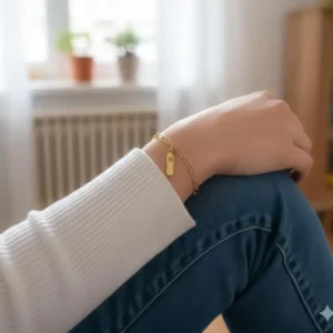 Charm tong en acier doré, bijou avec mousqueton et en forme de sandale porté sur un bracelet