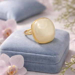 Bague ajustable en acier doré avec pierre en résine ivoire aux reflets doux.