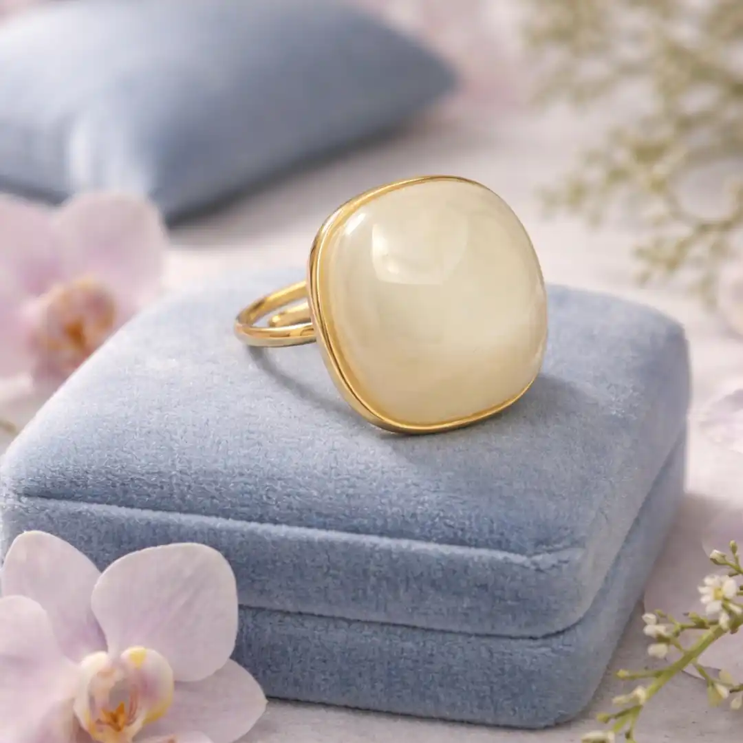 Bague ajustable en acier doré avec pierre en résine ivoire aux reflets doux.