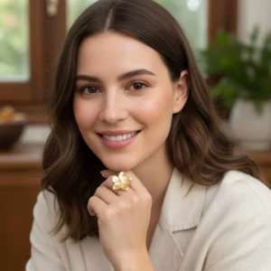 Bague ajustable en acier en forme de fleur dorée avec perle blanche