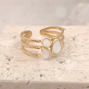 Bague en acier inoxydable doré avec 3 pierres nacrées naturelles, design multi anneaux ajustable