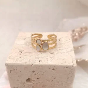 Bague en acier inoxydable doré avec pierre blanche nacrée, design multi anneaux ajustable