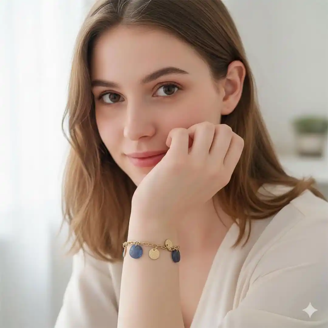 Bracelet à chaîne dorée à grosses mailles ovales avec breloques rondes en résine et pampilles dorées martelées