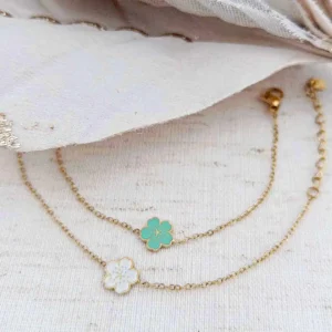 Bracelets enfants en acier inoxydable doré avec fleurs émaillées vert d’eau et blanc