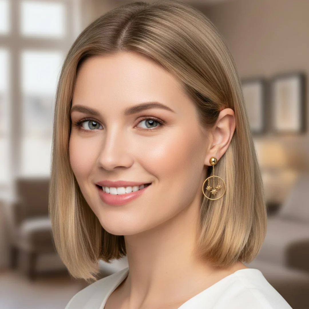 Boucles d'oreilles pendantes dorées avec étoiles suspendues dans un cercle