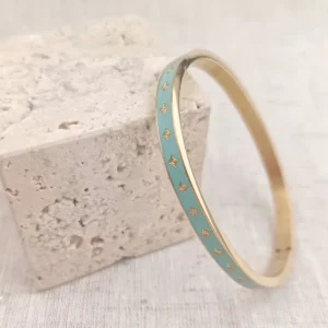 Bracelet jonc acier inoxydable doré avec émail coloré bleu turquoise motif étoiles