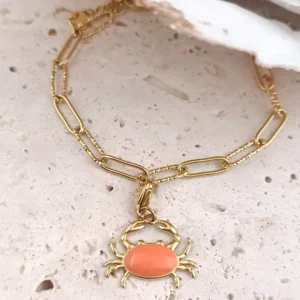 Charm crabe orange corail et doré en acier inoxydable avec émail, bijou été mer pour bracelet personnalisé