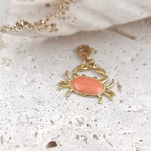Charm crabe orange corail et doré en acier inoxydable avec émail, bijou été mer pour bracelet personnalisé