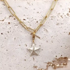 Charm coquillage en acier doré disponibles en balnc, pendentif marin élégant avec fermoir mousqueton sur collier