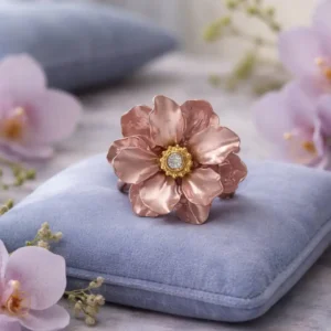 Bague ajustable en acier inoxydable doré ornée d’une fleur rose en résine. Féminine et romantique, elle illumine votre style avec une note florale délicate.