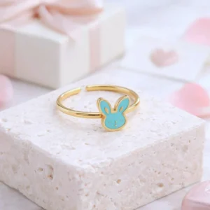 Bagues enfant lapin en acier inoxydable doré ajustables bleu