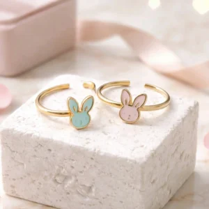 Bagues enfant lapin en acier inoxydable doré ajustables rose bleu