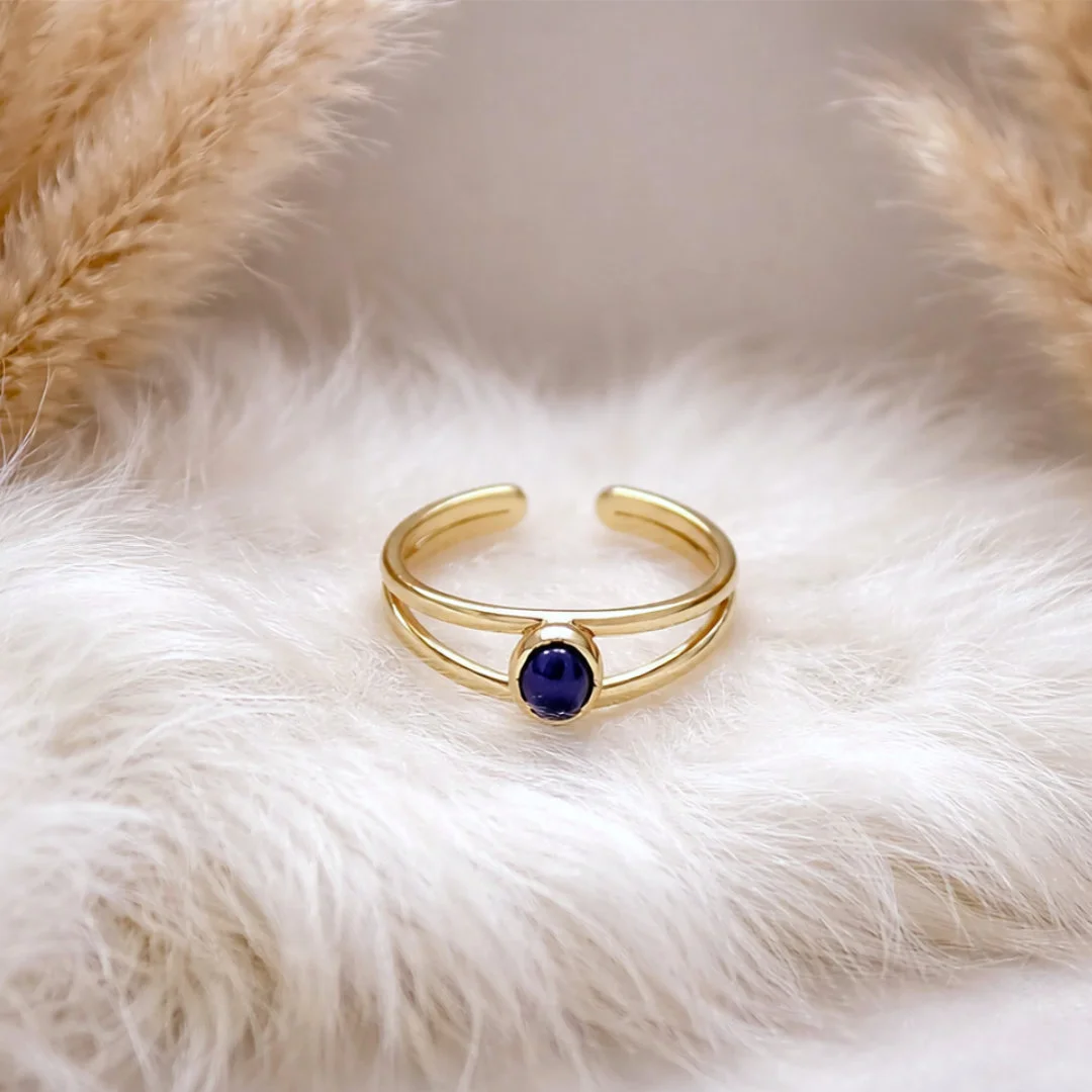 Bague ajustable en acier inoxydable doré avec pierre ovale bleue