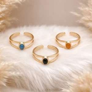 Bagues ajustables en acier inoxydable doré avec pierre ovale – bleu, noir et marron