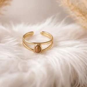 Bague ajustable en acier inoxydable doré avec pierre ovale marron clair
