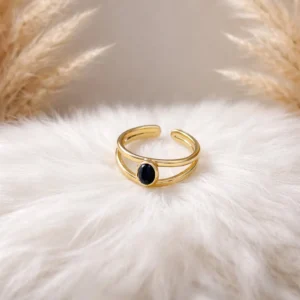 Bague ajustable en acier inoxydable doré avec pierre ovale noire