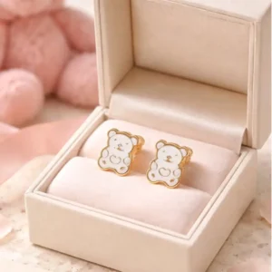 Boucles d’oreilles enfant en acier inoxydable oursons blancs dorés, bijou mignon et hypoallergénique