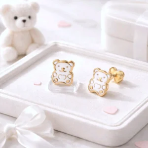 Boucles d’oreilles enfant en acier inoxydable oursons blancs dorés, bijou mignon et hypoallergénique