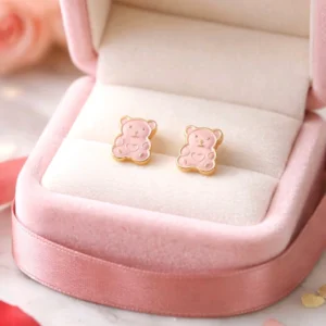 Boucles d’oreilles enfant en acier inoxydable oursons roses dorés, bijou adorable pour petite fille et hypoallergénique