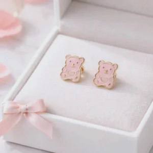 Boucles d’oreilles enfant en acier inoxydable oursons roses dorés, bijou mignon et hypoallergénique