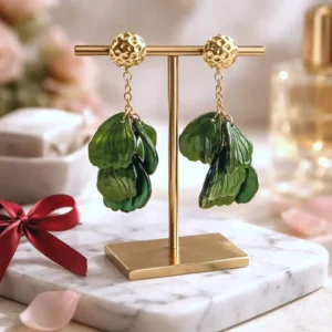 Boucles d’oreilles pendantes en résine verte et acier doré, pampilles en forme de feuilles