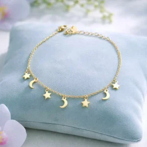 Bracelet acier femme doré avec breloques lune et étoiles en acier inoxydable