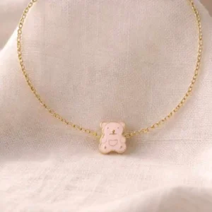 Bracelet enfant en acier doré avec ourson rose émaillé, bijou délicat et mignon pour fille