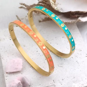 bracelet jonc femme acier émaillé doré couleurs orange turquoise