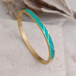 bracelet jonc acier émaillé turquoise doré femme motif géométrique