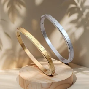 bracelet jonc enfant acier inoxydable fleurs dore et argente fille