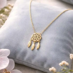 collier acier femme attrape-rêve doré avec plumes pendentif bohème