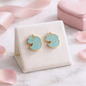 Boucles d’oreilles enfant licorne bleue en acier inoxydable doré