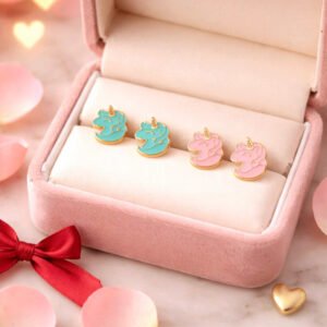 Boucles d’oreilles enfant licorne en acier inoxydable doré rose et bleu