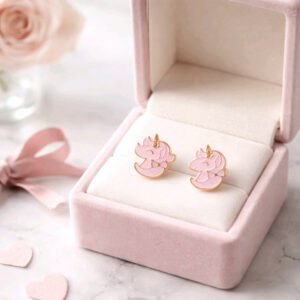 Boucles d’oreilles enfant licorne rose en acier inoxydable doré