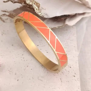 bracelet jonc femme acier inoxydable émaillé orange design élégant formes triangles gravés