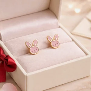 Boucles d’oreilles enfant en acier inoxydable lapins roses dorés, bijou adorable pour petite fille et hypoallergénique