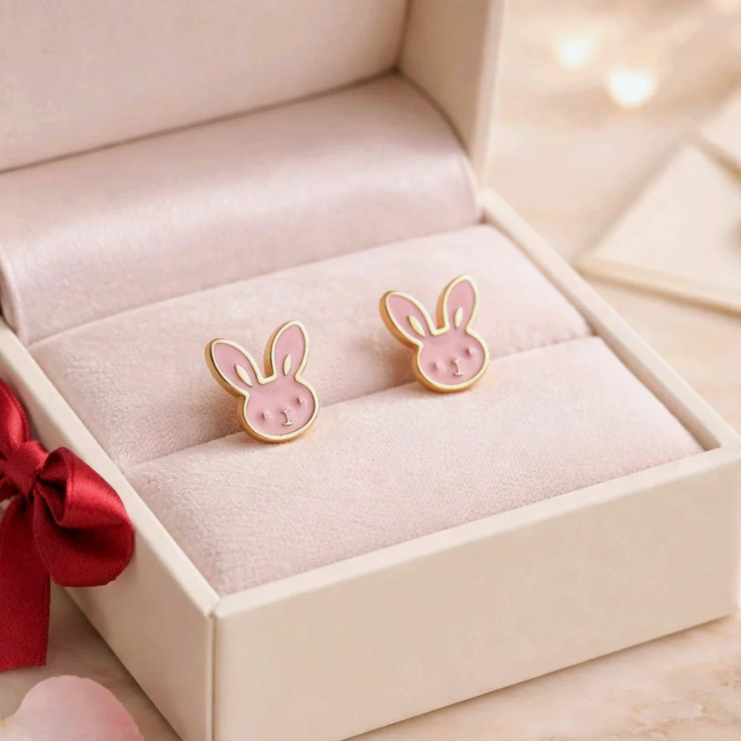 Boucles d’oreilles enfant en acier inoxydable lapins roses dorés, bijou adorable pour petite fille et hypoallergénique