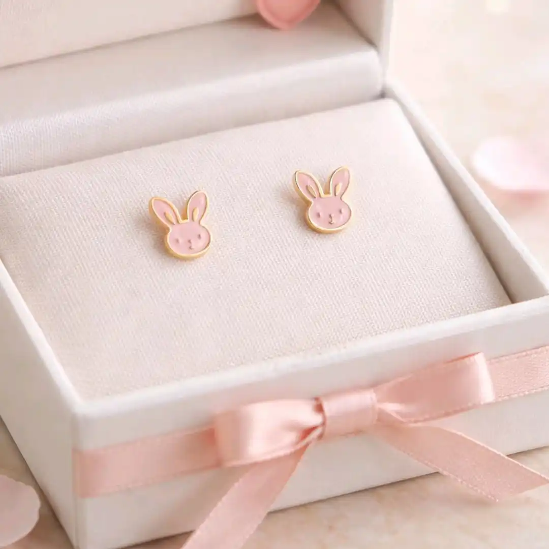 Boucles d’oreilles acier enfant lapin rose – Bijou hypoallergénique – Image 2
