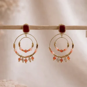 boucles d’oreilles créoles dorées perles orange acier inoxydable