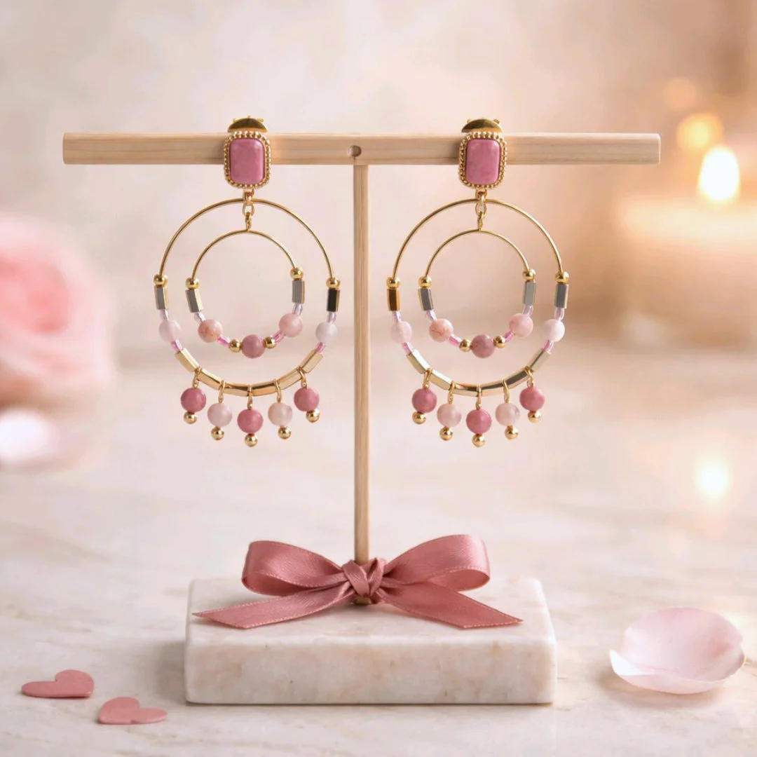 boucles d’oreilles créoles dorées perles roses acier inoxydable