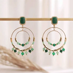 boucles d’oreilles créoles dorées perles vert émeraude acier inoxydable