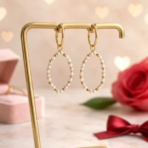 boucles d oreilles créoles perles blanches acier dore