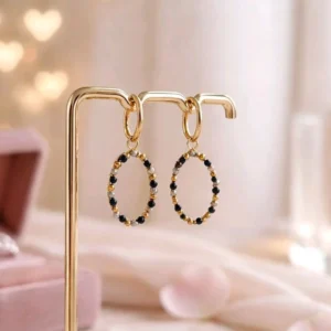 Mini créoles femme perles noires acier inoxydable dore