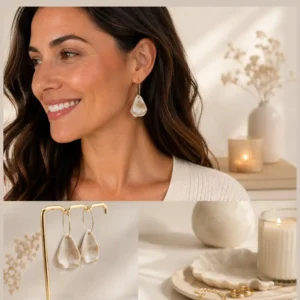 Boucles d'oreilles créoles pendentif résine crème acier inoxydable