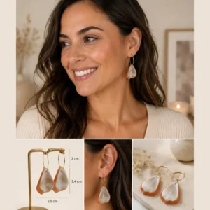 Boucles d'oreilles créoles pendentif résine orange et beige acier inoxydable
