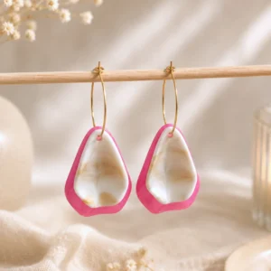 Boucles d'oreilles créoles pendentif résine fuchsia acier inoxydable