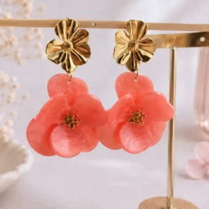 Boucles d’oreilles pendantes fleur corail chic en acier inoxydable doré