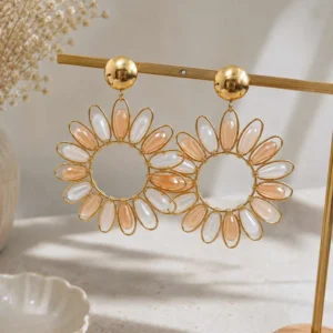 boucles d oreilles soleil beige acier inoxydable dore