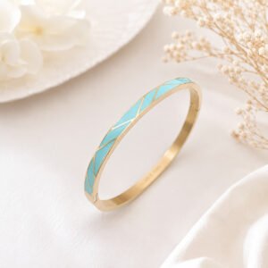 Bracelet jonc femme acier inoxydable doré émaillé turquoise avec motifs graphiques