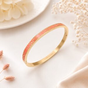 Bracelet jonc femme acier inoxydable doré émaillé orange avec motifs géométriques